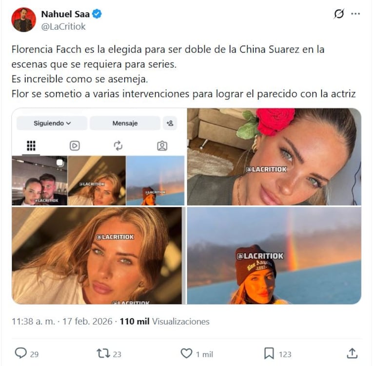 Florencia Facch es la doble de la China Suárez que habría sido contratada para escenas requeridas en ficciones (Foto: captura de X/@LaCritiok).