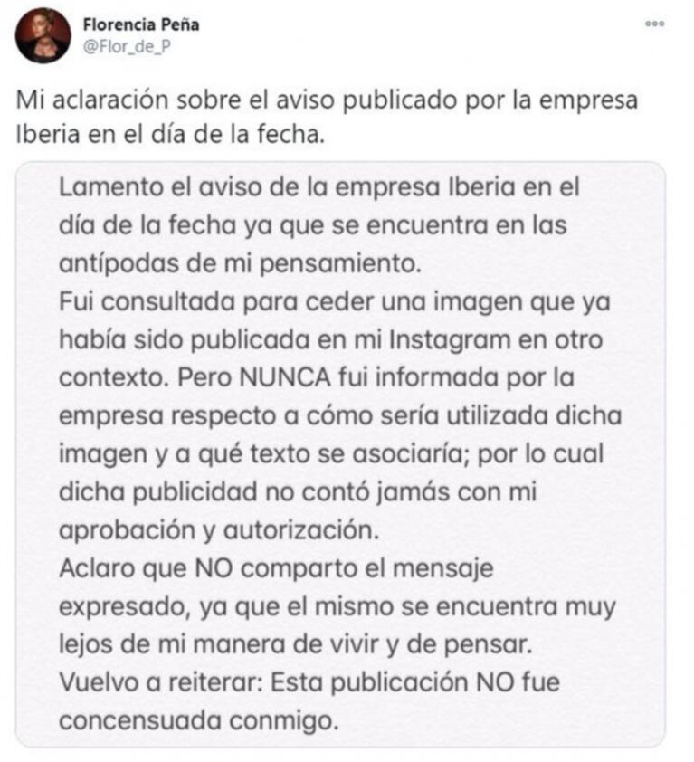 Florencia Peña apuntó contra una publicidad machista por haber usado su imagen: "Jamás tuvo mi aprobación"