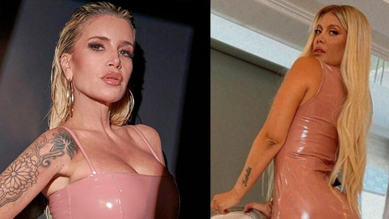 Florencia Peña le copió el look a Wanda Nara: vestido engomado en color rosa