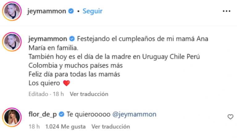 Florencia Peña le demostró su apoyo a Jey Mammon tras el dulce posteo familiar del conductor: "Te quiero"