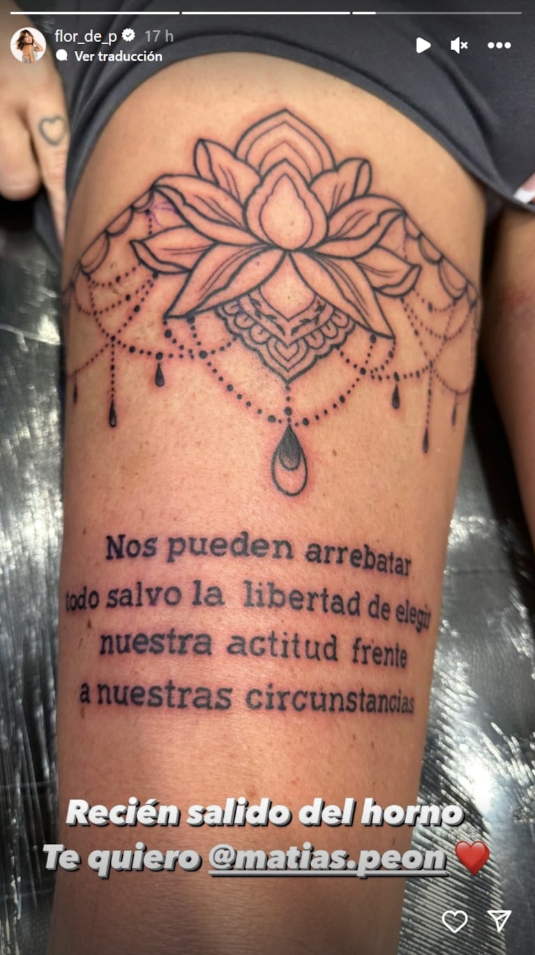 Florencia Peña se hizo un enorme tatuaje con una llamativa frase: la impactante foto