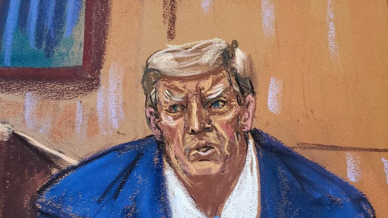 Former U.S. President Donald Trump testifies as he takes the stand during the second civil trial where E. Jean Carroll accused Trump of raping her decades ago, at Manhattan Federal Court in New York City, U.S., January 25, 2024 in this courtroom sketch. REUTERS/Jane Rosenberg
