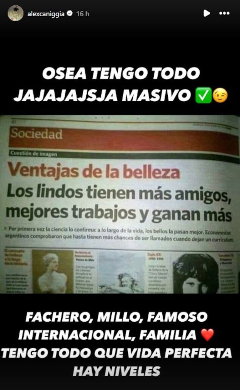 Foto: Captura de Instagram Stories (@alexcaniggia)