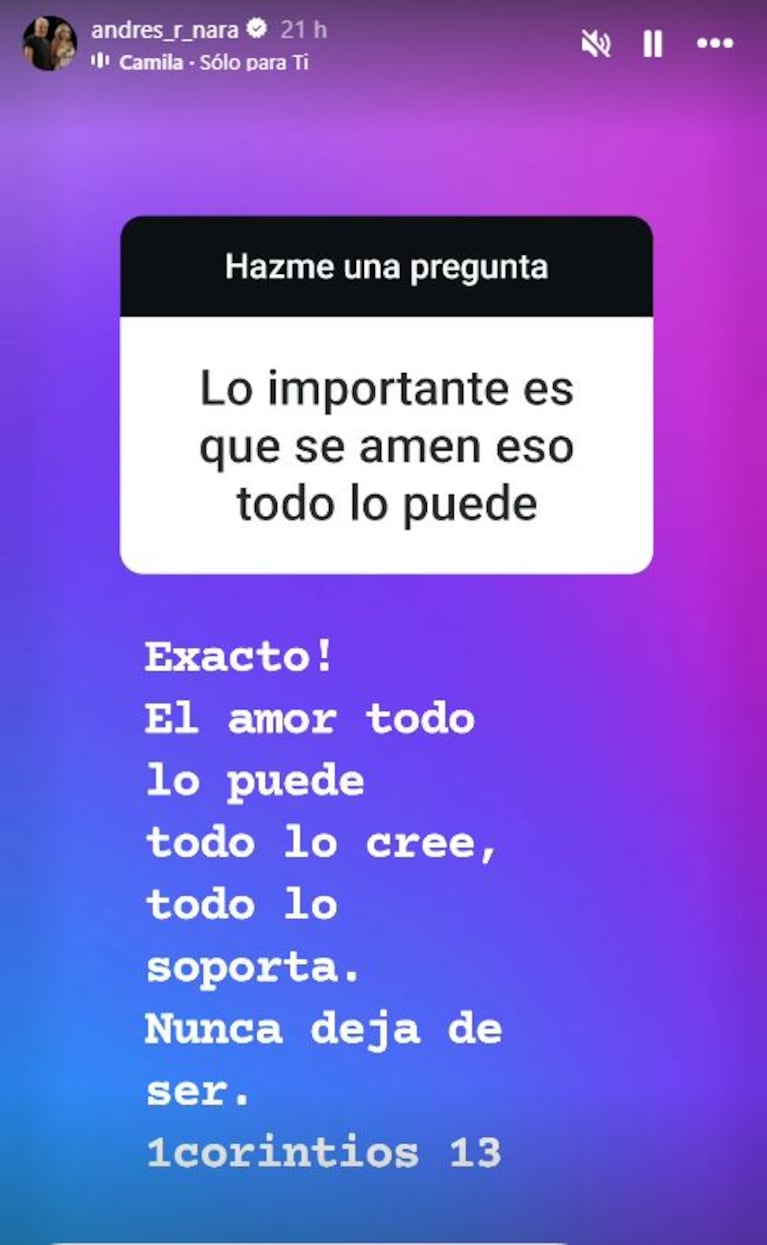 Foto: Captura de Instagram Stories (@andres_r_nara)