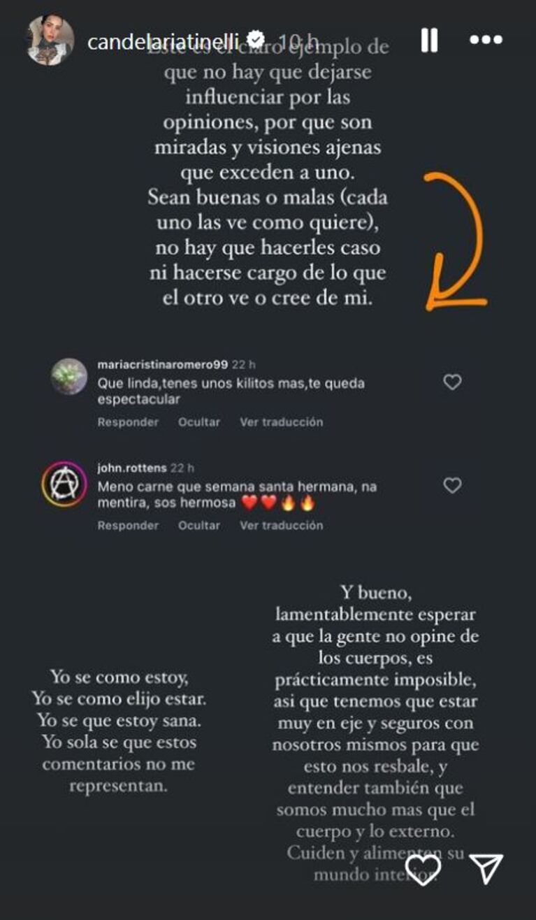 Foto: Captura de Instagram Stories (@candelariatinelli)