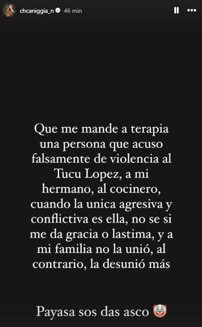 Foto: Captura de Instagram Stories (@chcaniggia_n)
