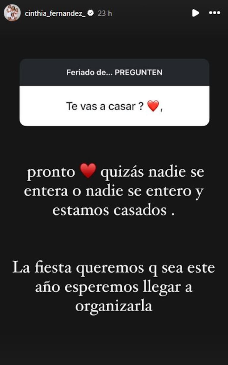 Foto: Captura de Instagram Stories (@cinthia_fernandez_)