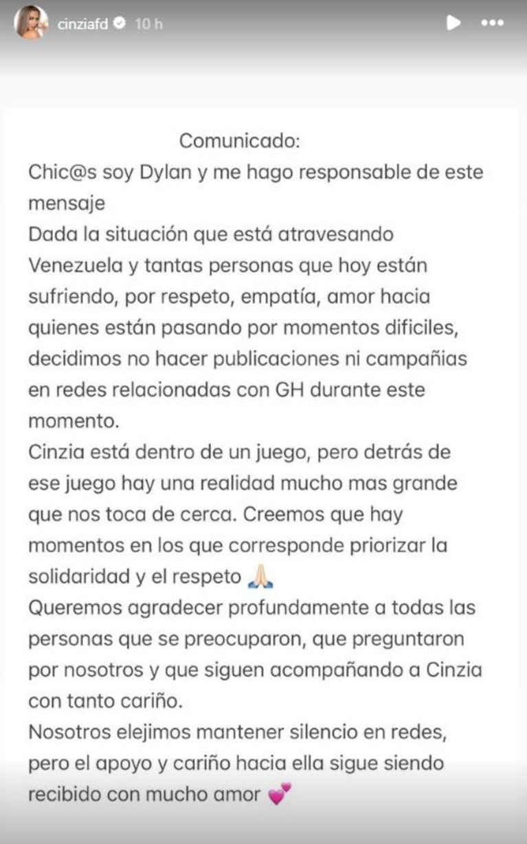Foto: Captura de Instagram Stories (@cinziafd)