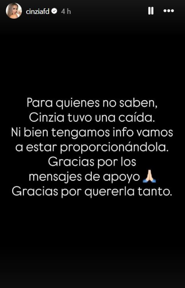 Foto: Captura de Instagram Stories (@cinziafd)
