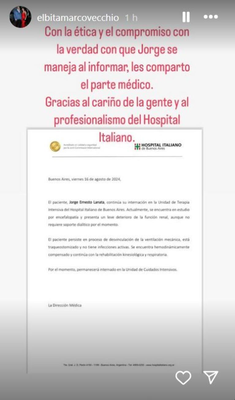 Foto: Captura de Instagram Stories (@elbitamarcovecchio)