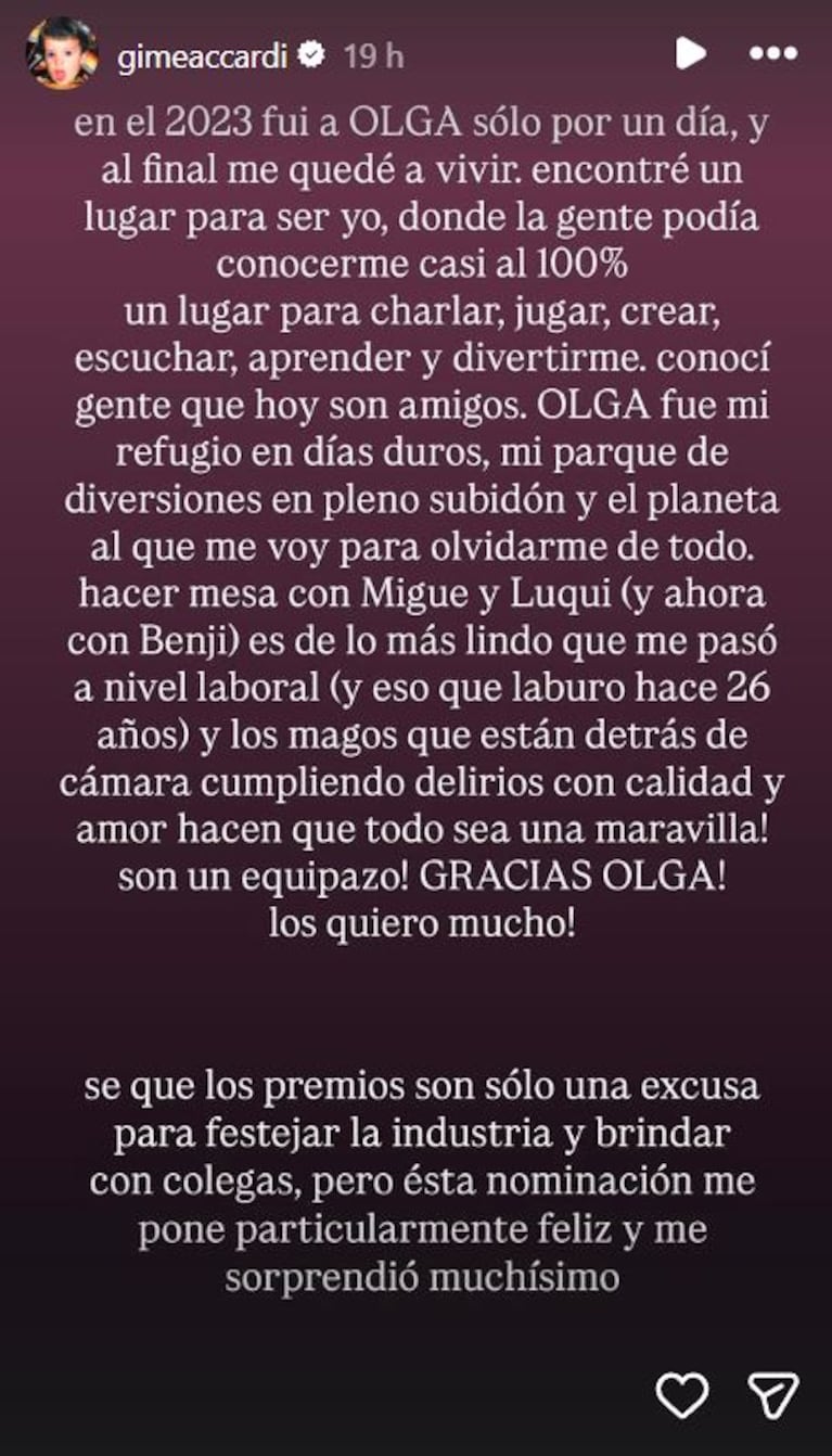 Foto: Captura de Instagram Stories (@gimeaccardi)