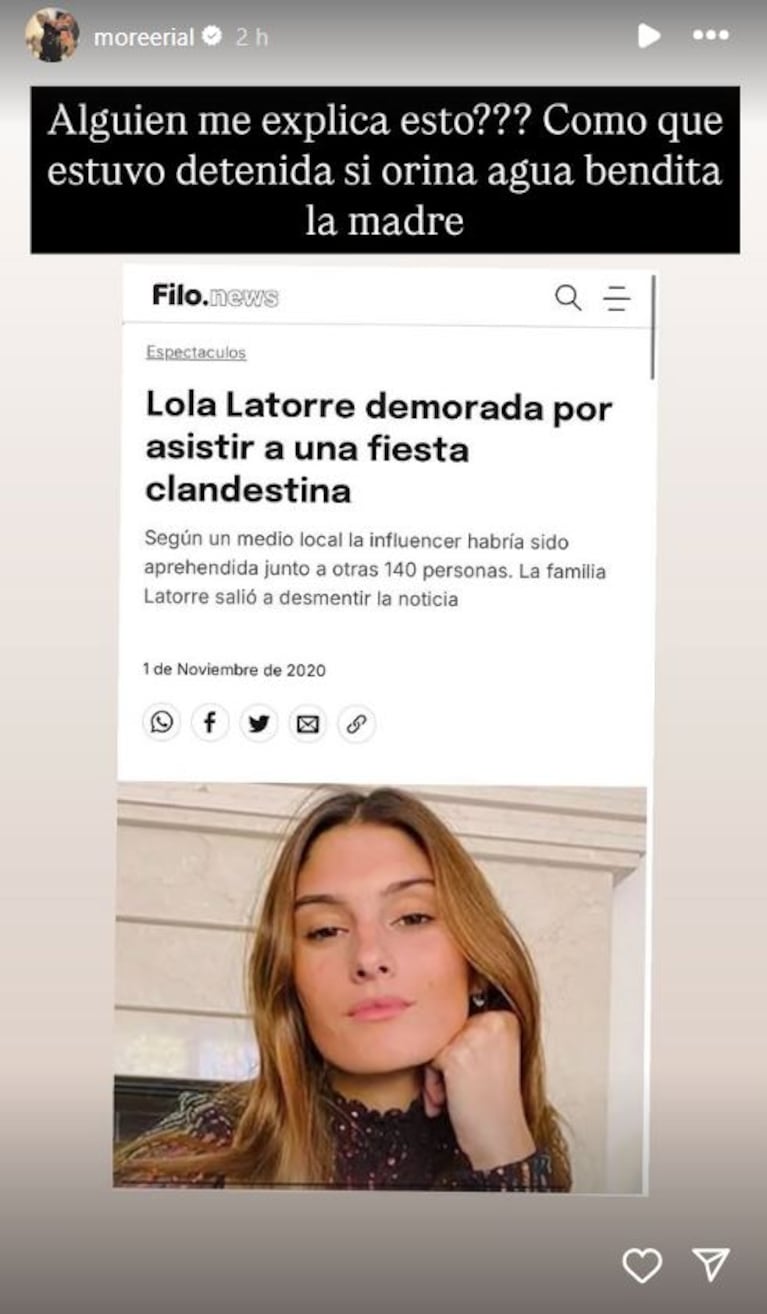 Foto: Captura de Instagram Stories (@moreerial)