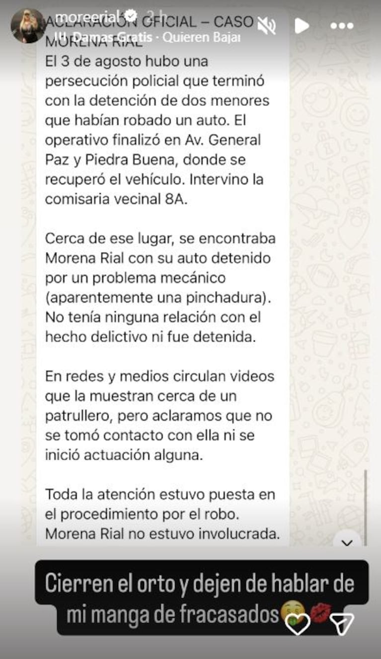 Foto: Captura de Instagram Stories  (@moreerial)