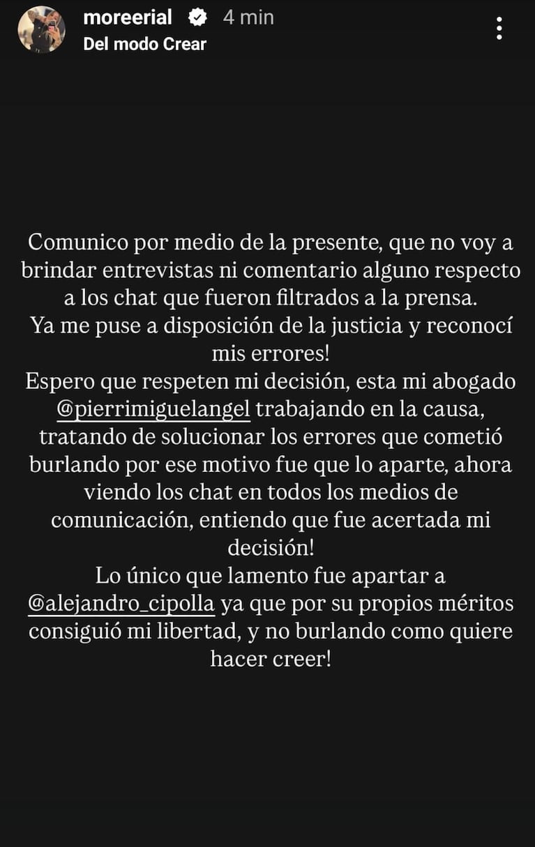 Foto: Captura de Instagram Stories (@moreerial)