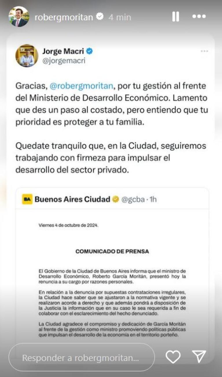 Foto: Captura de Instagram Stories (@robergmoritan)