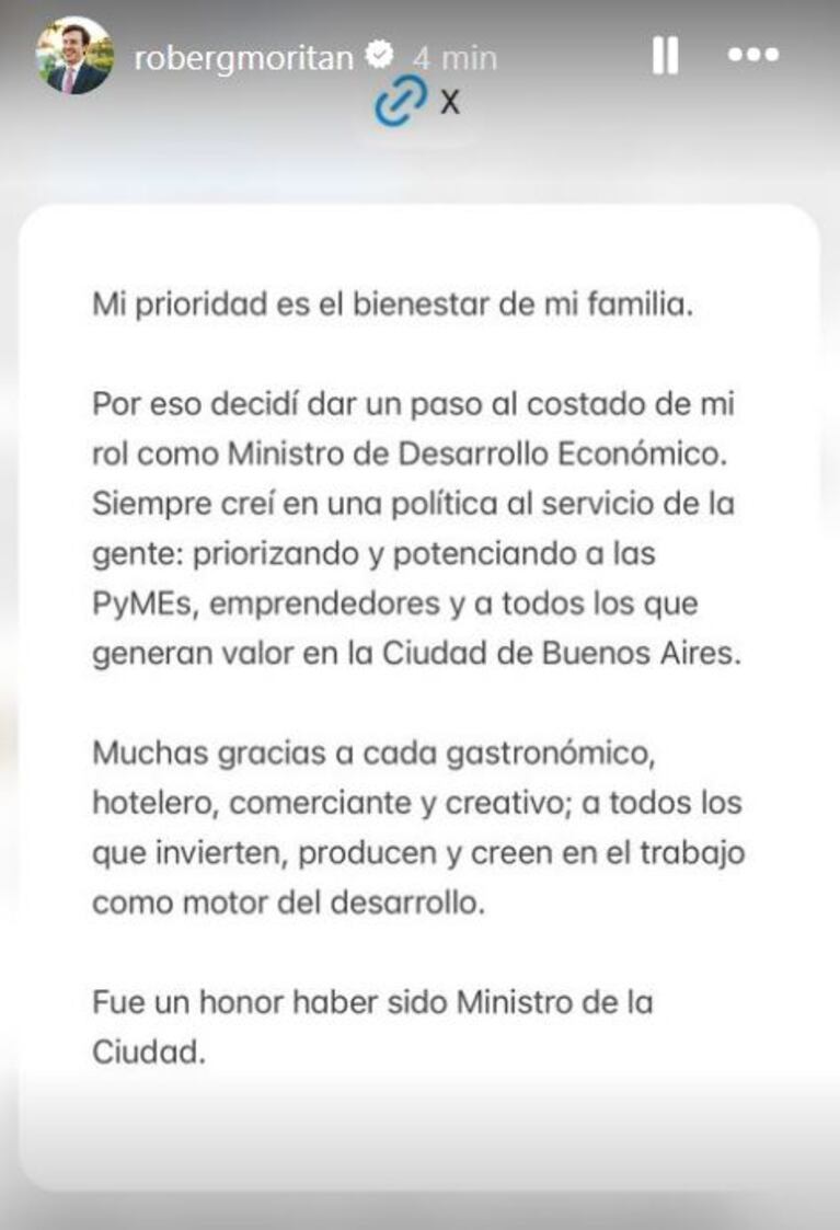 Foto: Captura de Instagram Stories (@robergmoritan)