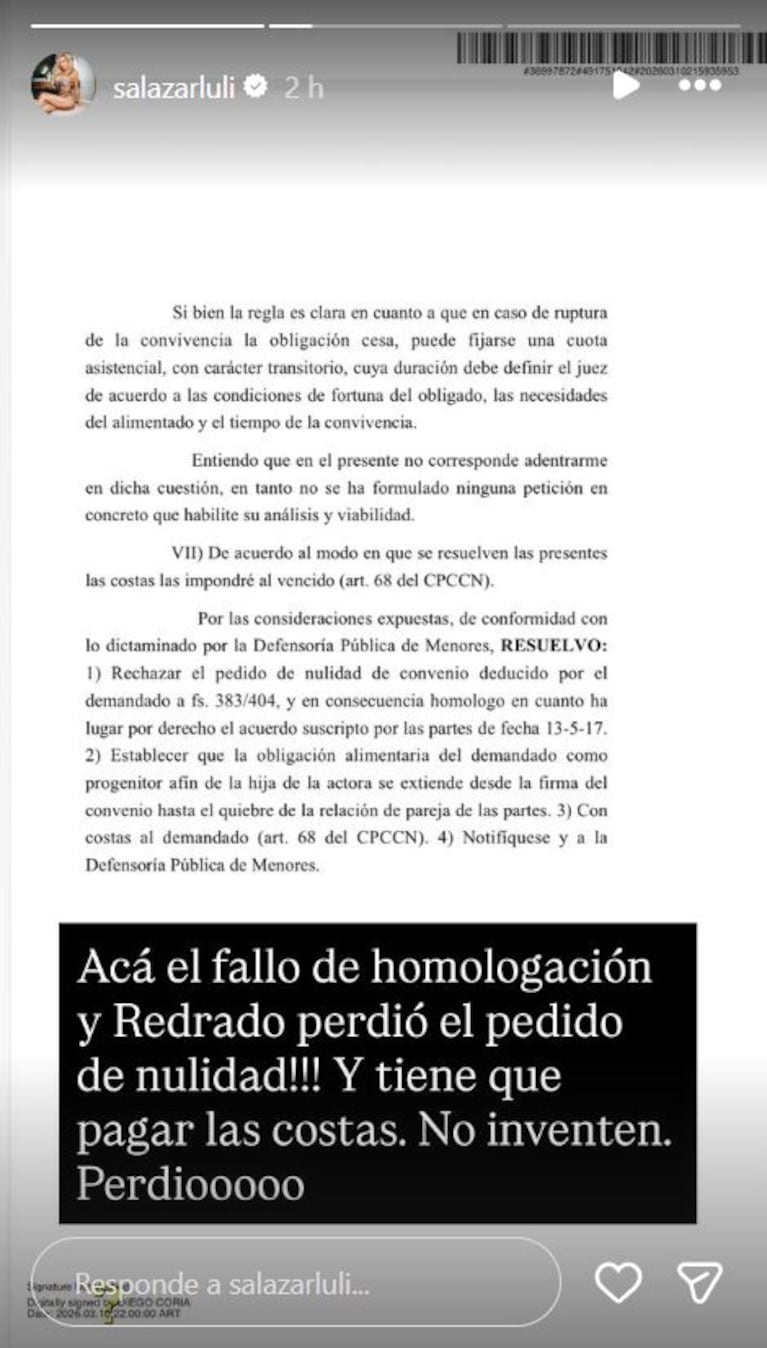 Foto: Captura de Instagram Stories  (@salazarluli)