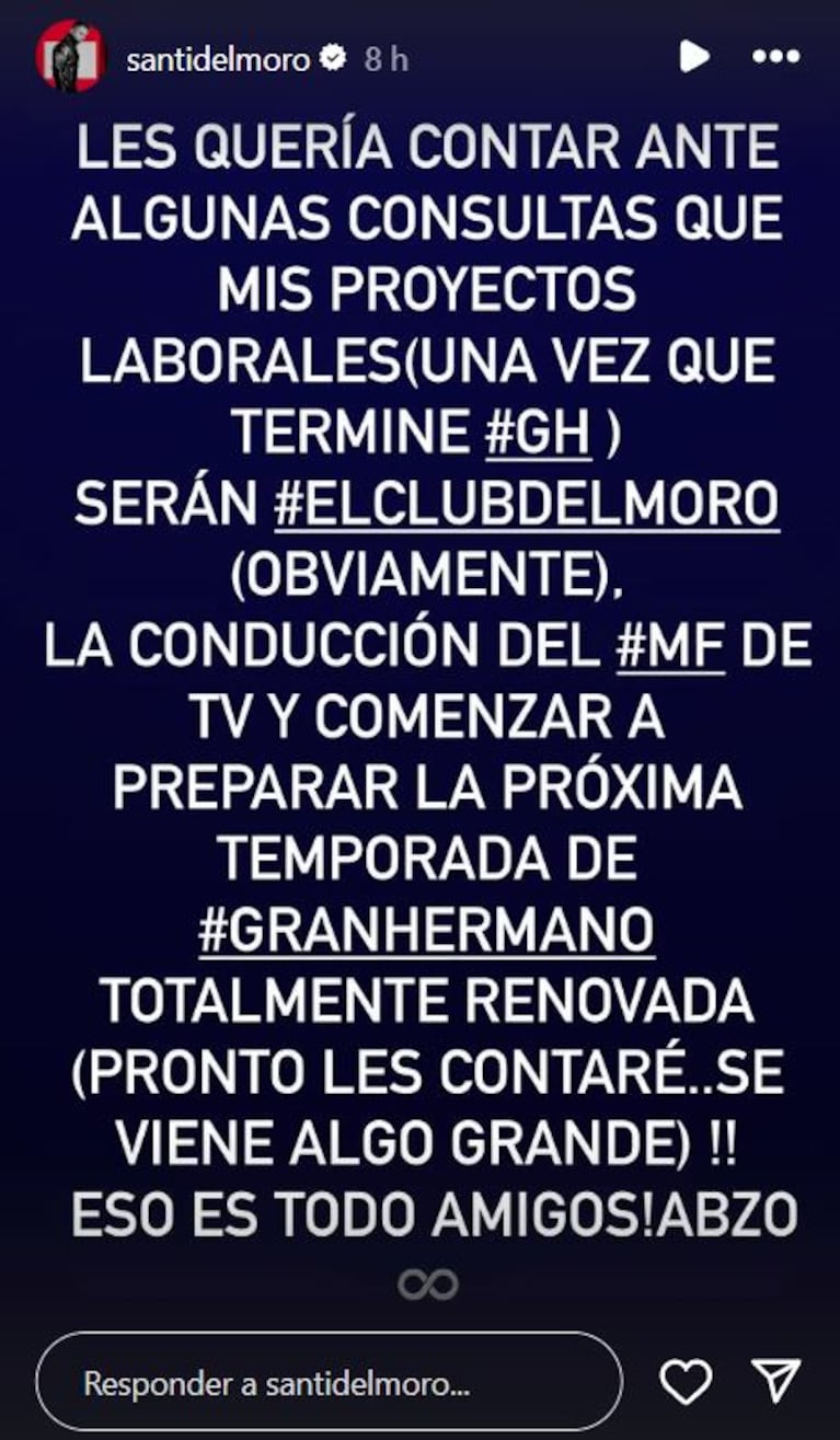 Foto: Captura de Instagram Stories (@santidelmoro)