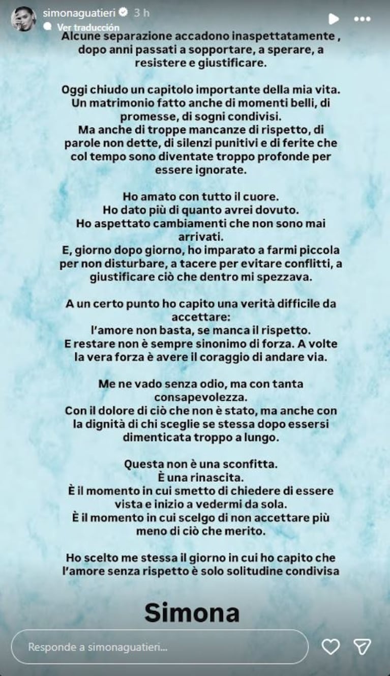 Foto: Captura de Instagram Stories (@simonaguatieri)