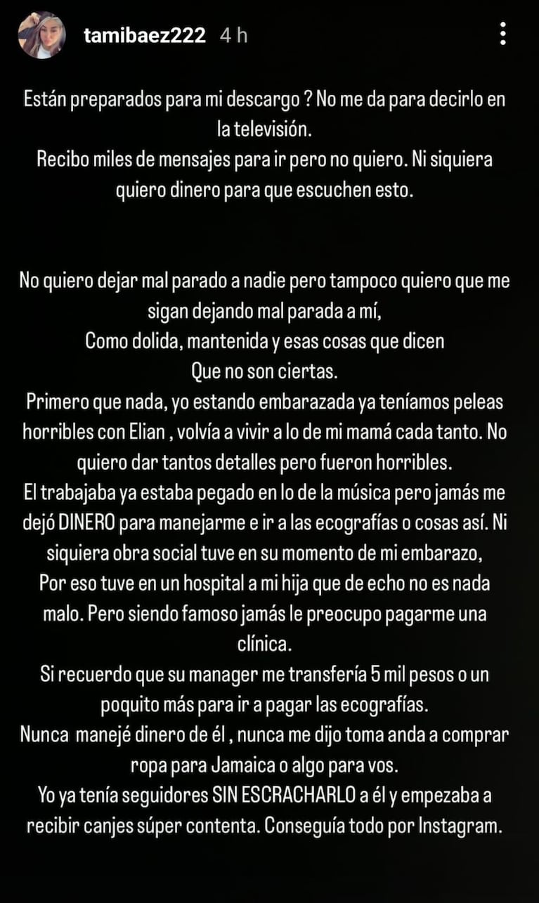 Foto: Captura de Instagram Stories (@tamibaez222)