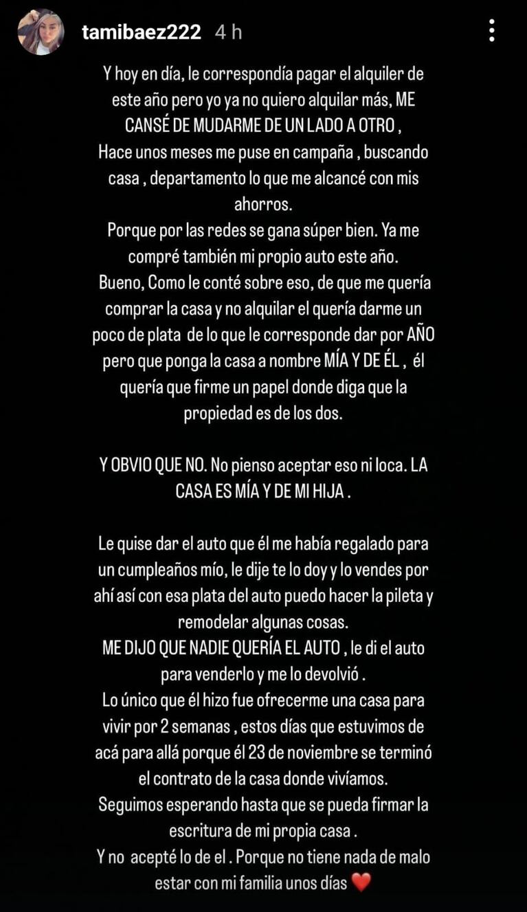 Foto: Captura de Instagram Stories (@tamibaez222)
