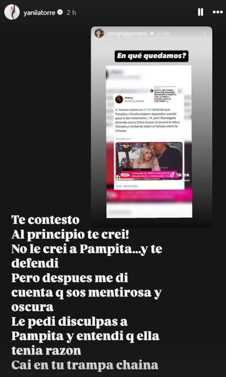 Foto: Captura de Instagram Stories (@yanilatorre)