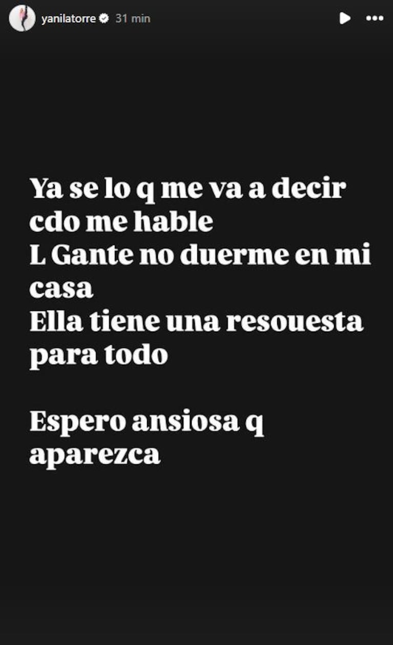 Foto: Captura de Instagram Stories (@yanilatorre)