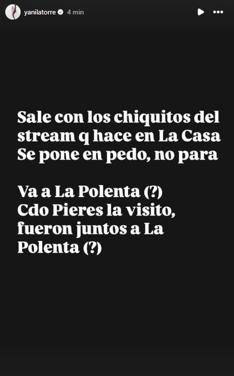 Foto: Captura de Instagram Stories (@yanilatorre)