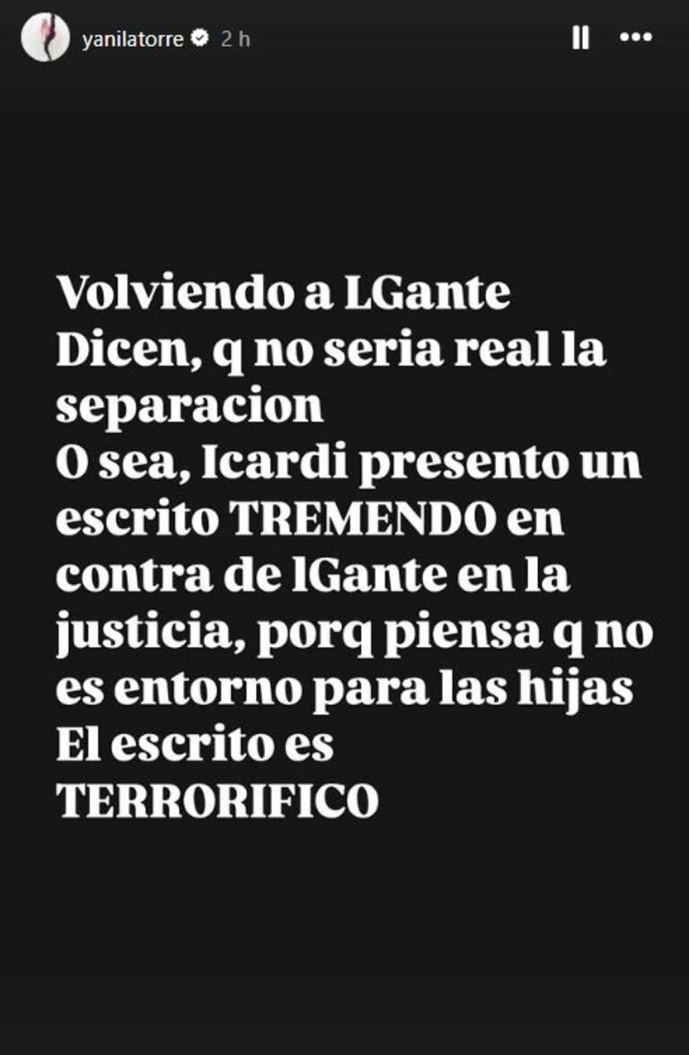 Foto: Captura de Instagram Stories (@yanilatorre)