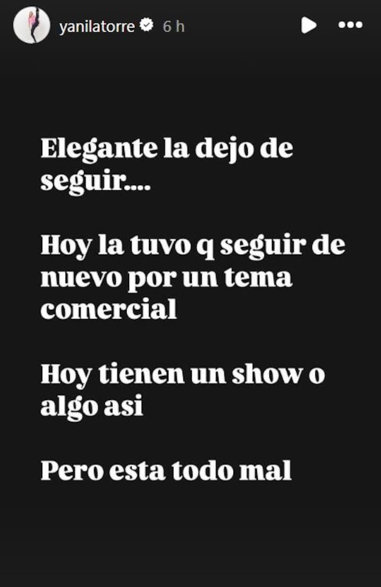 Foto: Captura de Instagram Stories (@yanilatorre)
