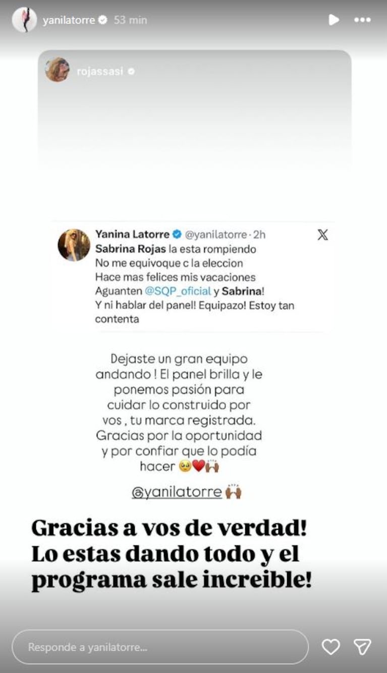 Foto: Captura de Instagram Stories (@yanilatorre)