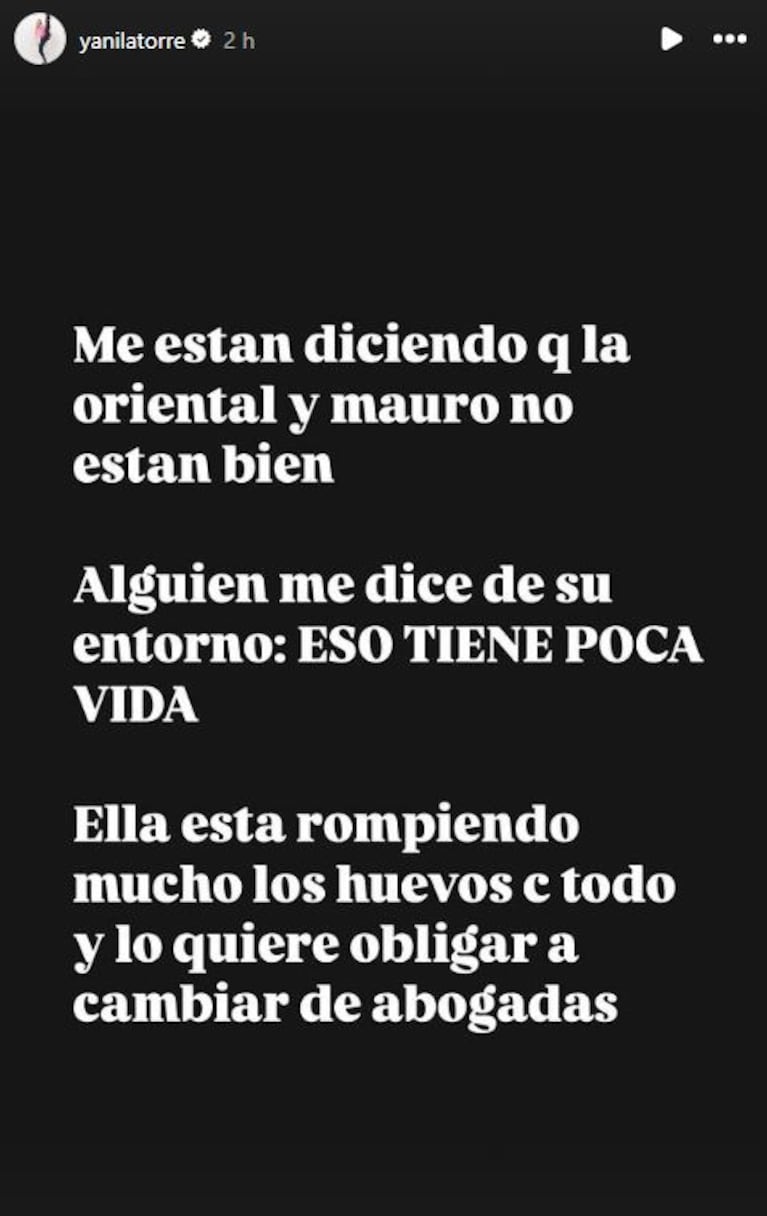 Foto: Captura de Instagram Stories (@yanilatorre)