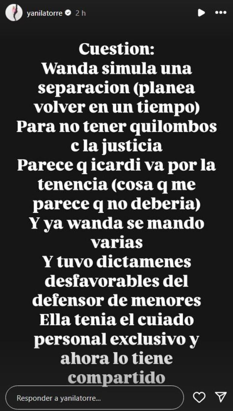 Foto: Captura de Instagram Stories (@yanilatorre)