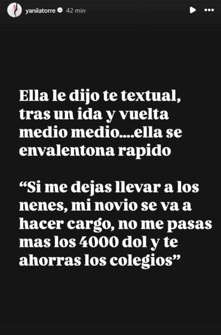 Foto: Captura de Instagram Stories (@yanilatorre)