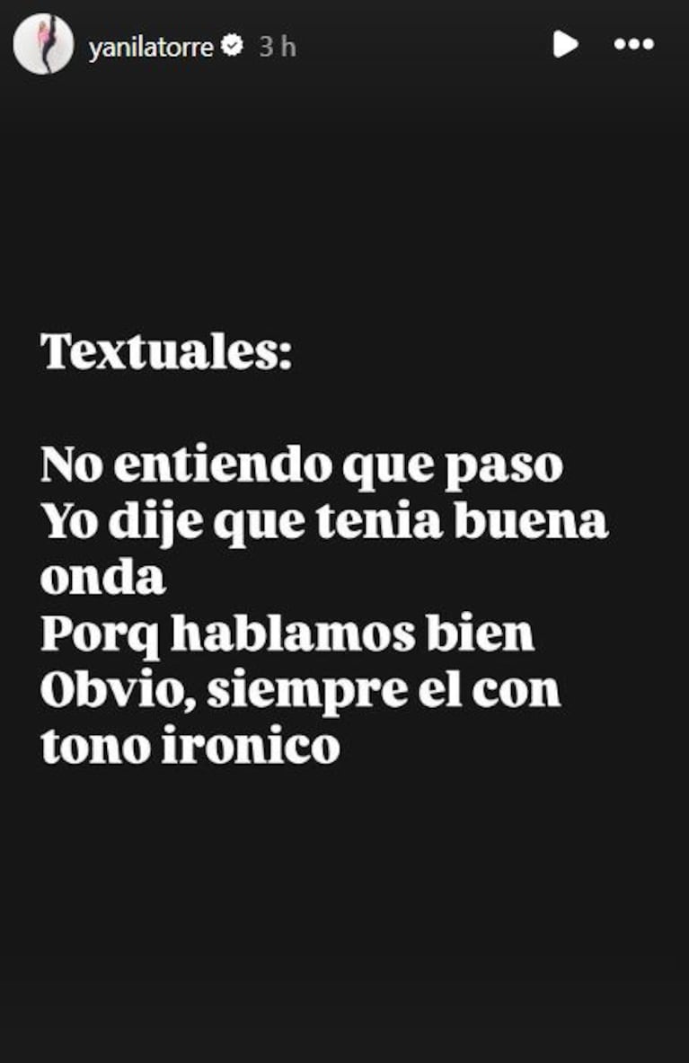 Foto: Captura de Instagram Stories (@yanilatorre)