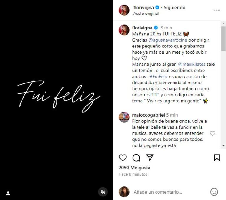 Foto: Captura de video de Instagram Stories (@florivigna)