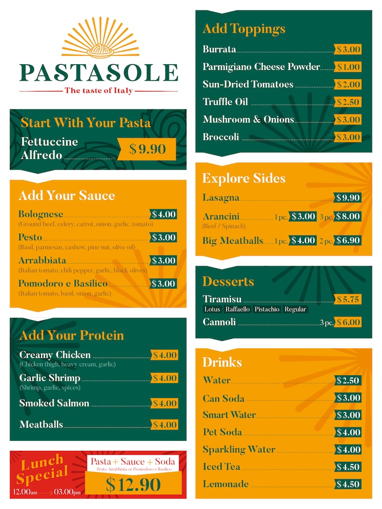 Foto: menú del sitio oficial de Pastasole