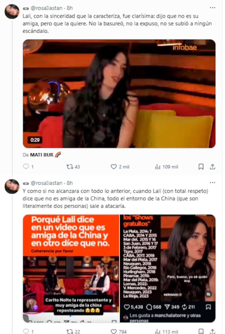 Fotos: posteos de X/Twitter de @rosaliastan