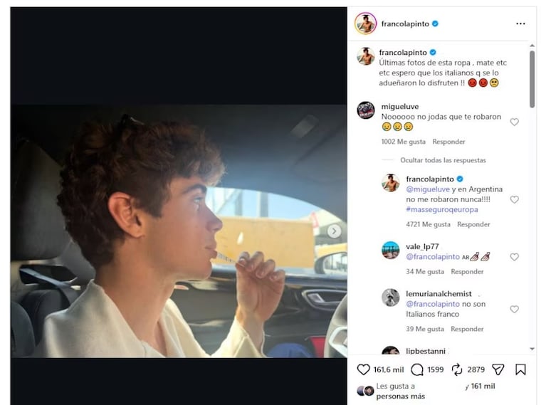 Franco Colapinto compartió en sus redes las imágenes de sus vacaciones en Italia, donde sufrió el robo.
Crédito: Instagram @francolapinto