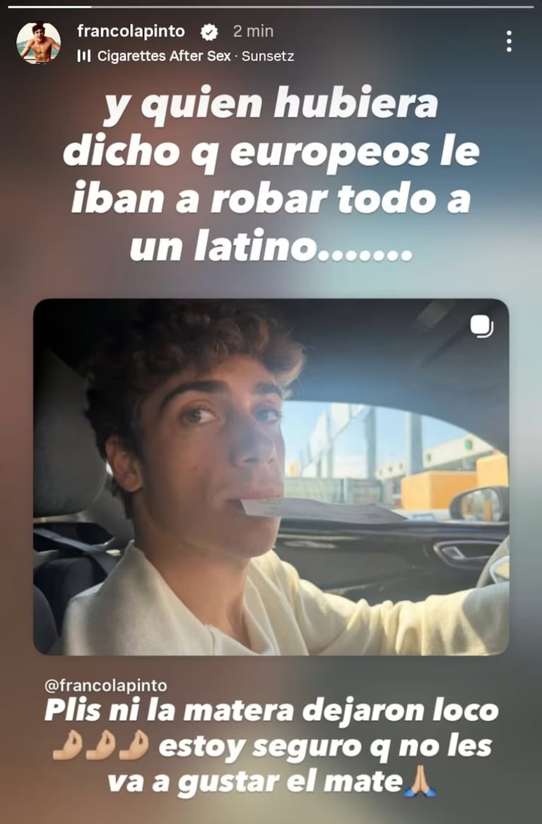 Franco Colapinto compartió en sus redes las imágenes de sus vacaciones en Italia, donde sufrió el robo.
Crédito: Instagram @francolapinto
