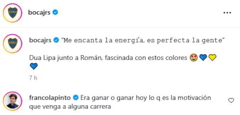 Franco Colapinto le dejó un mensaje a Dua Lipa por su visita a la Bombonera y el éxito de Boca: “Que venga”. Crédito: Instagram