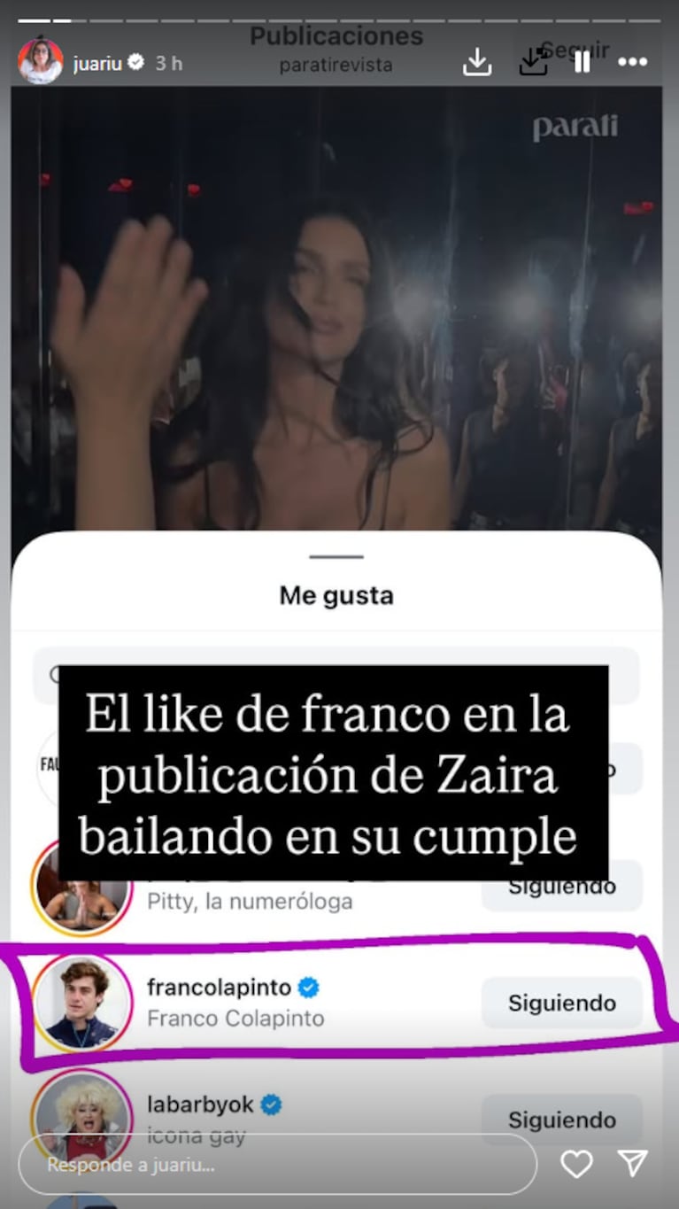 Franco Colapinto le dio un picante like a Zaira Nara | Créditos: Instagram @juariu