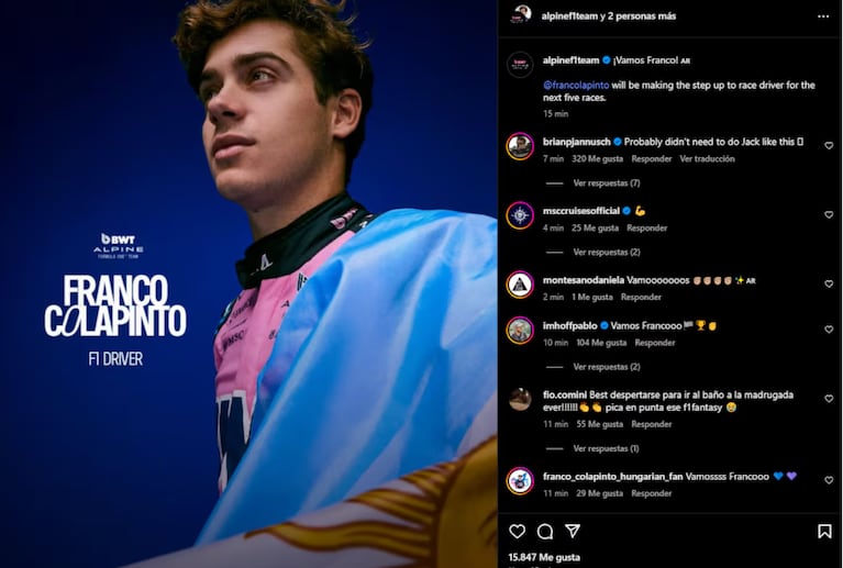 Franco Colapinto vuelve a la Fórmula 1 (Foto: captura de Instagram).