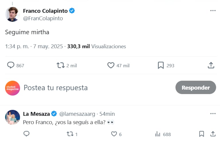 Franco Colapinto y Mirtha Legrand en redes sociales (Foto: captura de X).