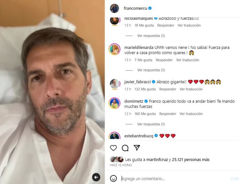 Franco Mercuriali se mostró mejor tras una semana internado en el Finochietto (Foto: Instagram @francomercu)