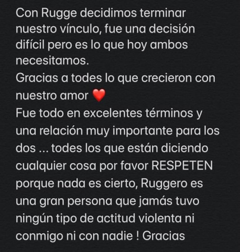 Fuerte aclaración de Cande Molfese al confirmar su separación de Ruggero Pasquarelli: "Él jamás tuvo ningún tipo de actitud violenta"