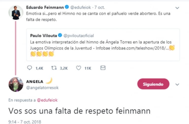 Fuerte cruce de Ángela Torres con Eduardo Feinmann tras cantar el himno con el pañuelo verde: "Vos sos..."