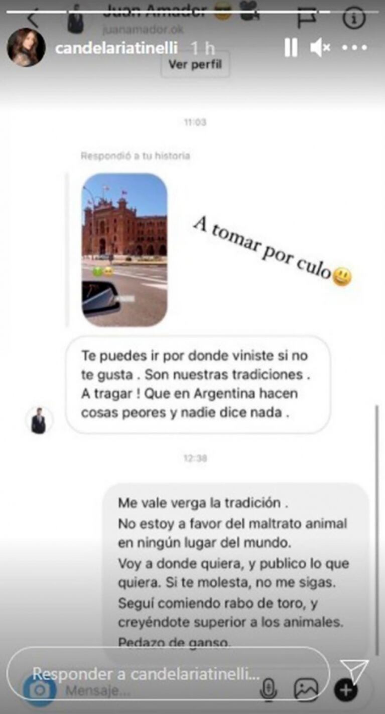 Fuerte cruce de Cande Tinelli con sus seguidores por las corridas de toros: "Entretenido sería hacerte lo mismo a vos"