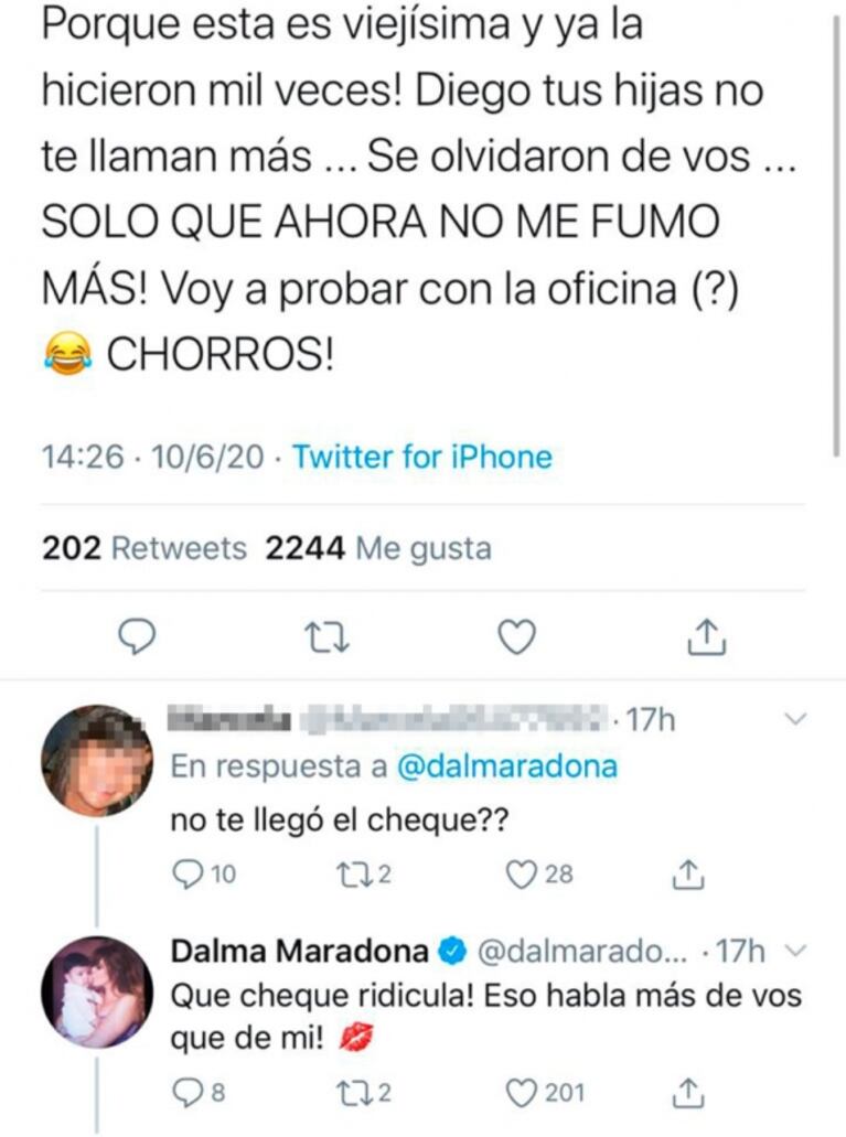 Fuerte cruce de Dalma Maradona con una seguidora que la trató de "mantenida": "A mí nunca me mandó un cheque nadie"