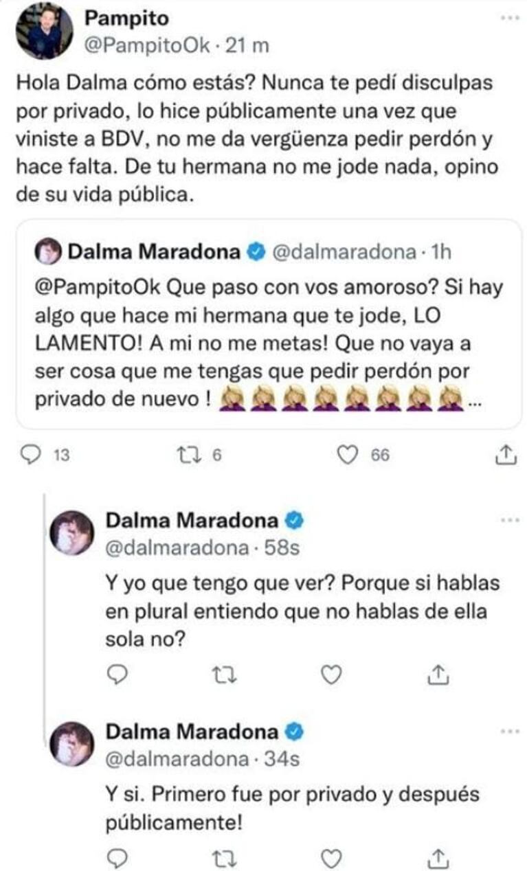 Fuerte cruce de Dalma Maradona y Pampito tras sus críticas a Gianinna: "¿Qué pasó con vos?"
